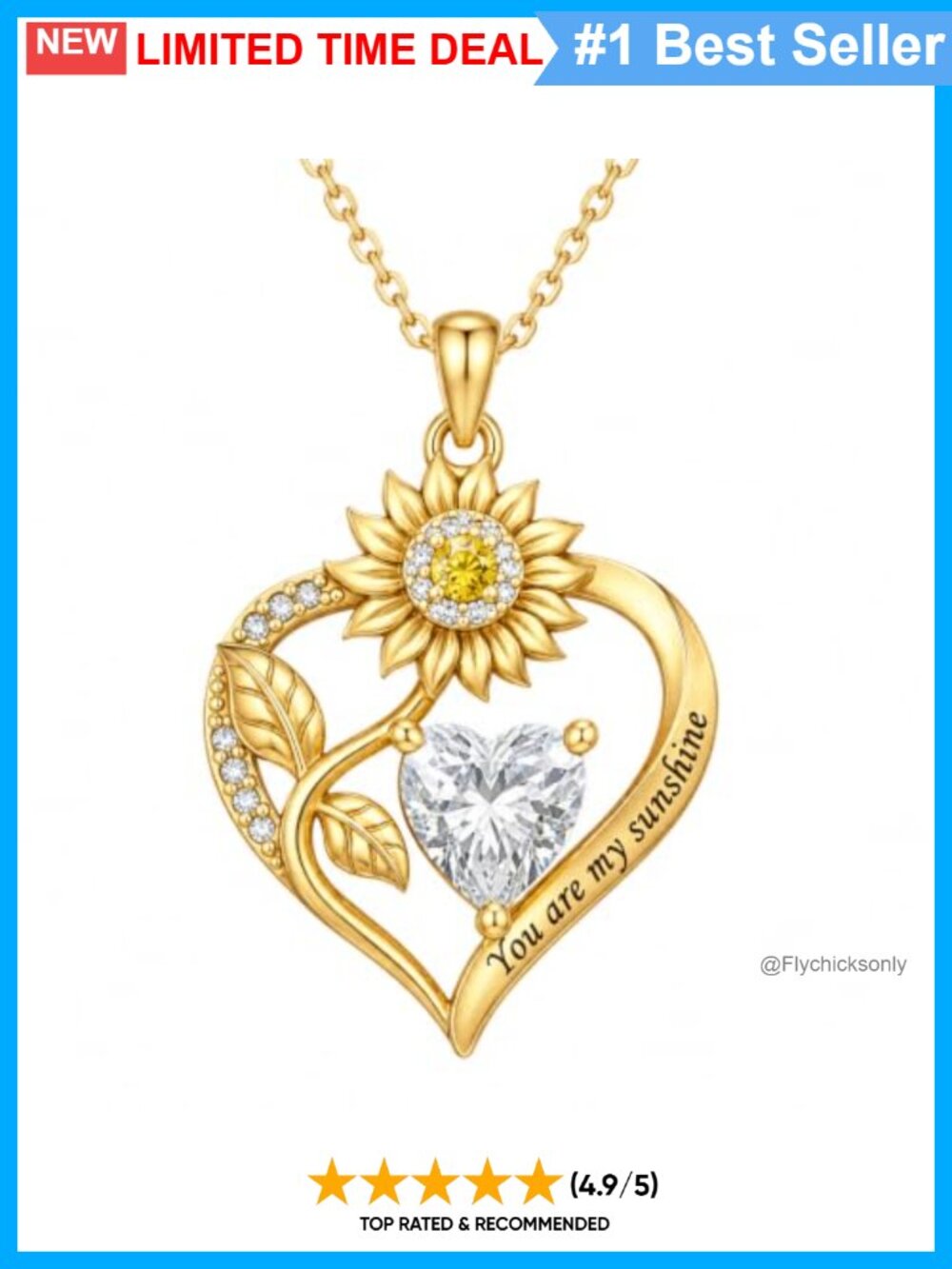 14K Gold Plated Heart Sunflower Pendant Necklace Stainless Steel Chain for Women